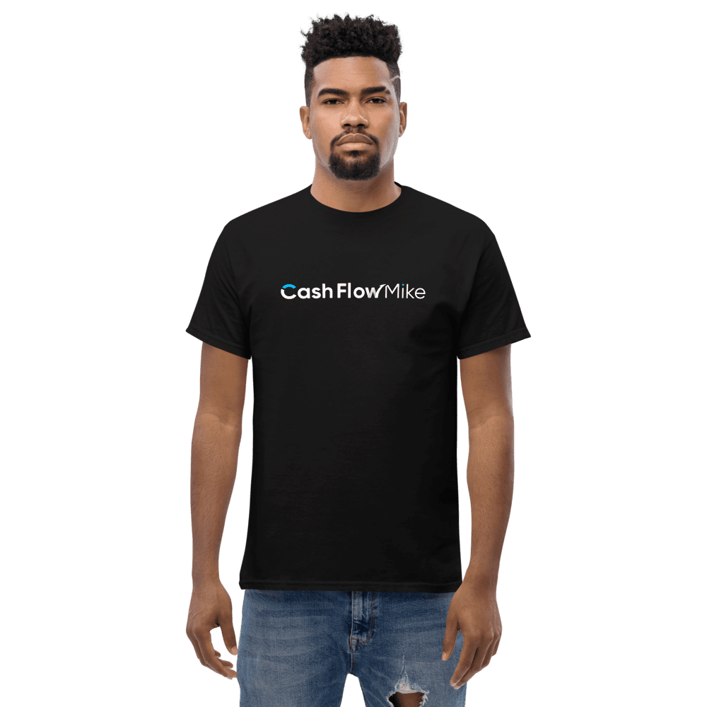 A man wearing a black cash flow mike classic tee