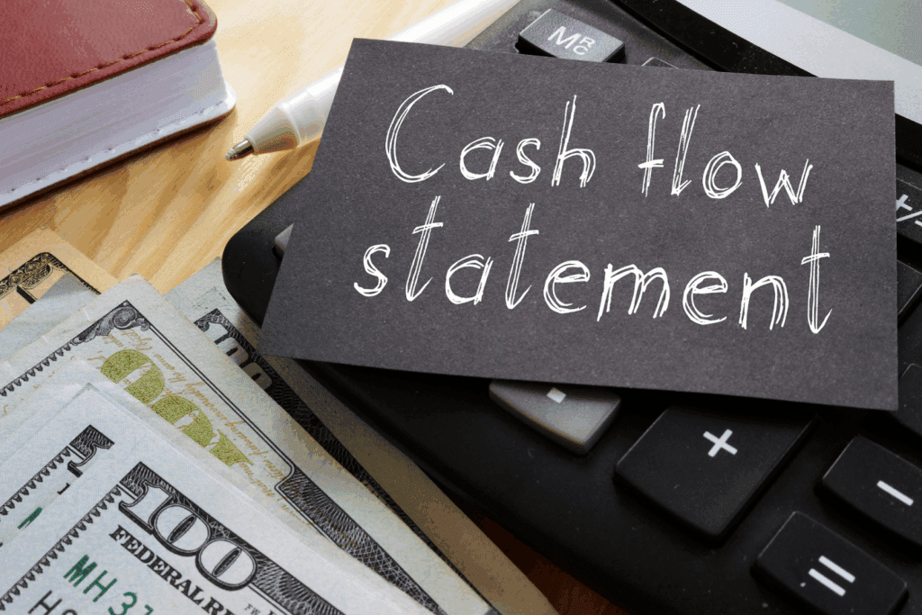 A note labeled "Cash flow statement" placed on a calculator with cash nearby