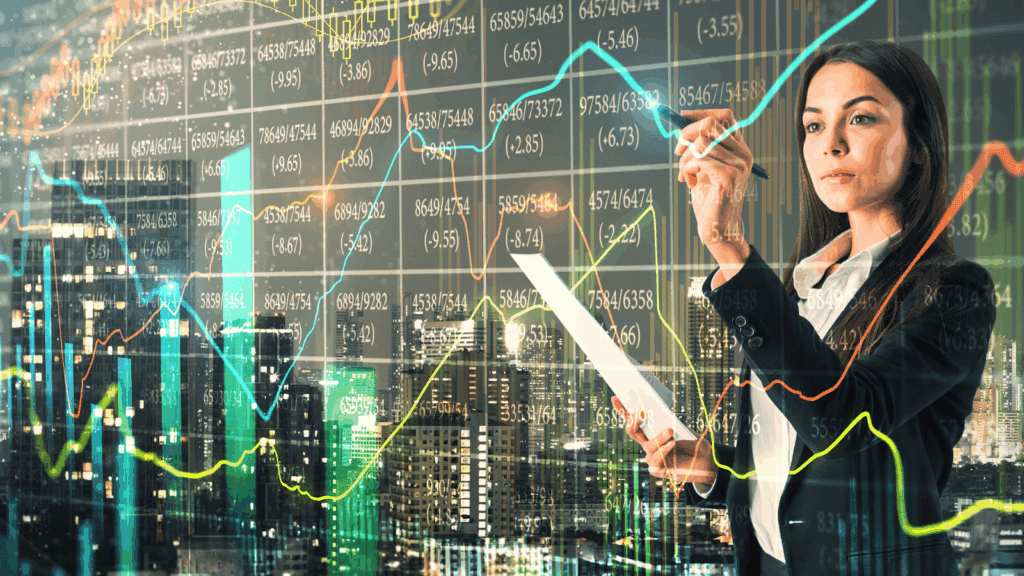 Businesswoman analyzing stock market graphs over city background