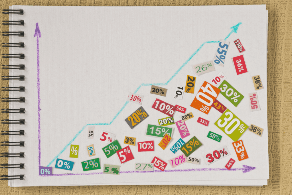 Hand drawn graph with colorful percentage labels showing upward growth