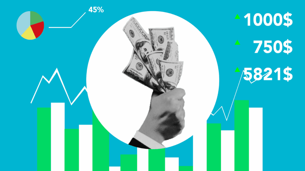 Hand holding money with charts and dollar amounts