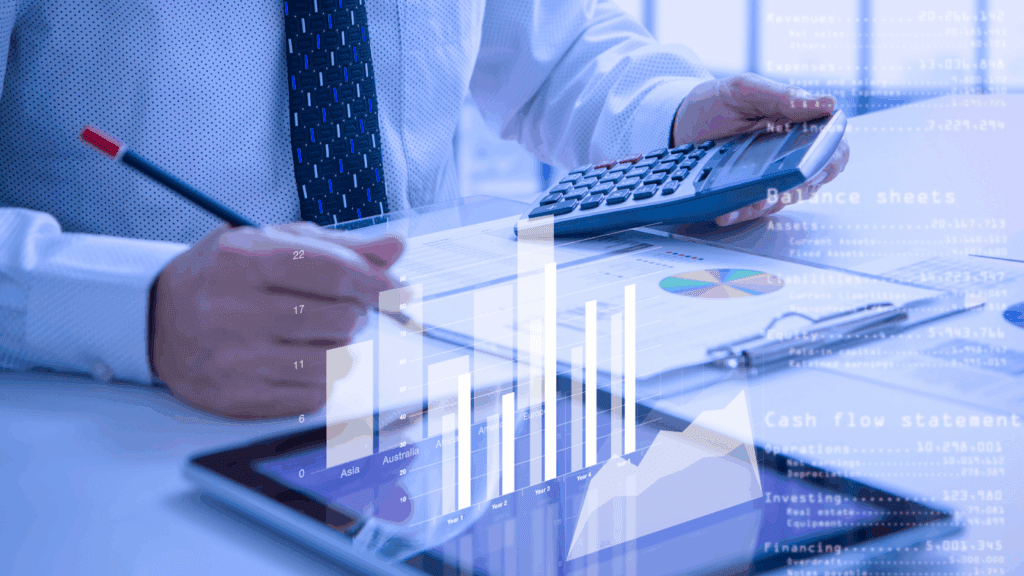 Person using a calculator with charts and graphs overlaid