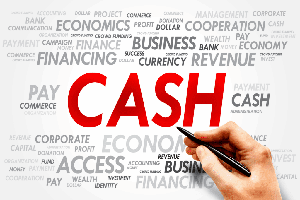 Word cloud with CASH in bold red surrounded by finance terms