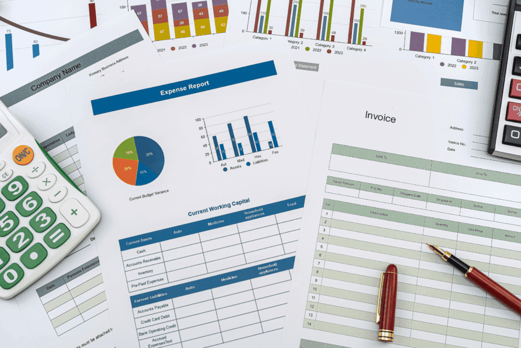 Close-up of financial documents, including an expense report, invoice, and charts, with a pen and calculator.