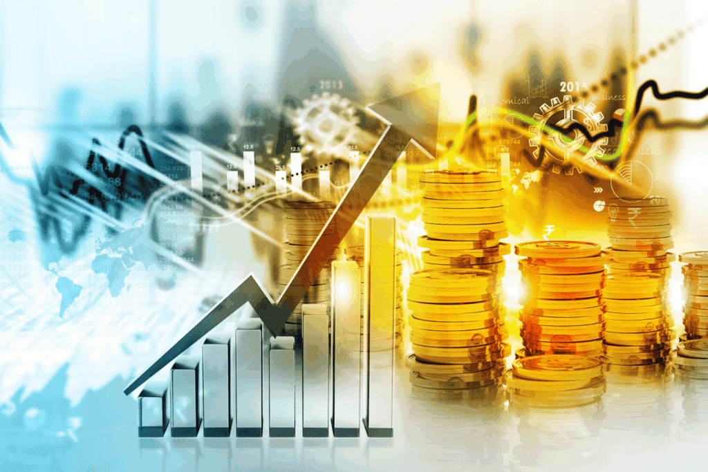 Stylized financial background with coins and upward arrow representing economic growth