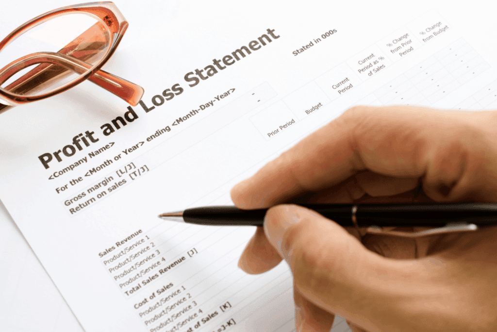 Hand holding a pen over a profit and loss statement with eyeglasses resting on the document.