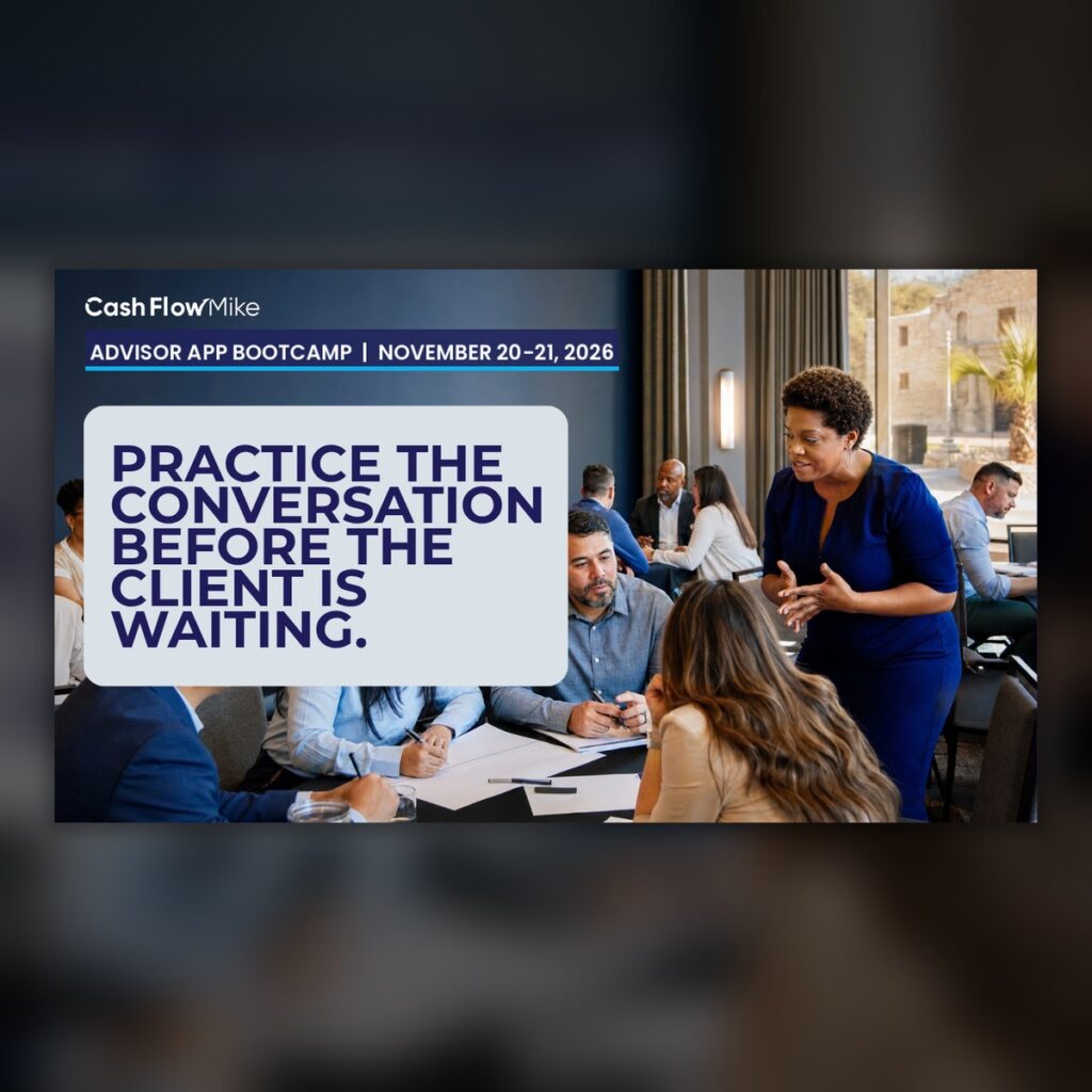 Illustrative professional advisor workshop. Text: Practice the conversation before the client is waiting. Advisor App Bootcamp, November 20-21, 2026.