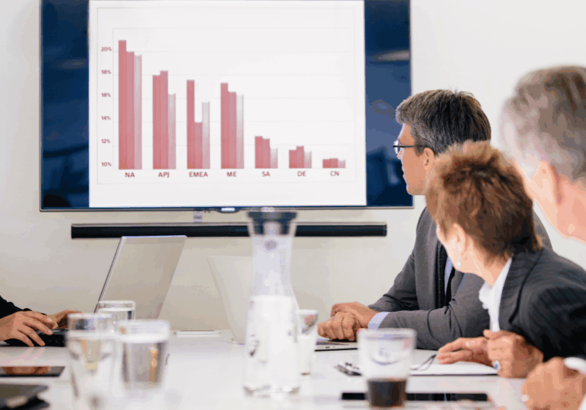 Business team viewing a bar chart presentation in a meeting