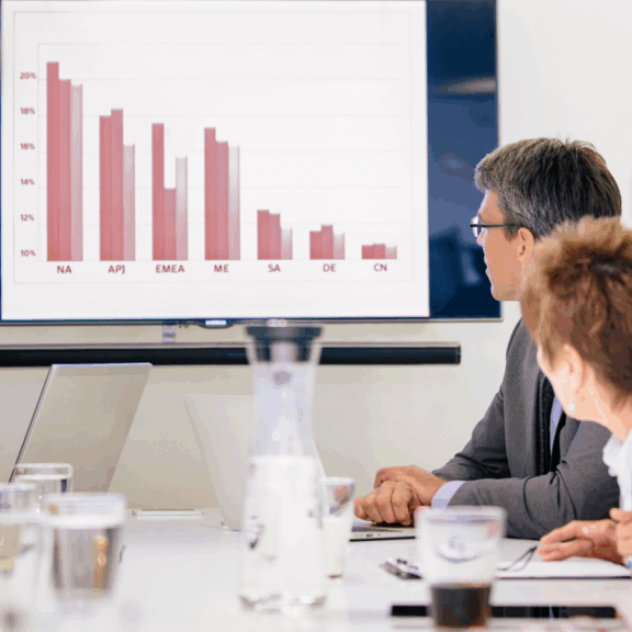 Business team viewing a bar chart presentation in a meeting