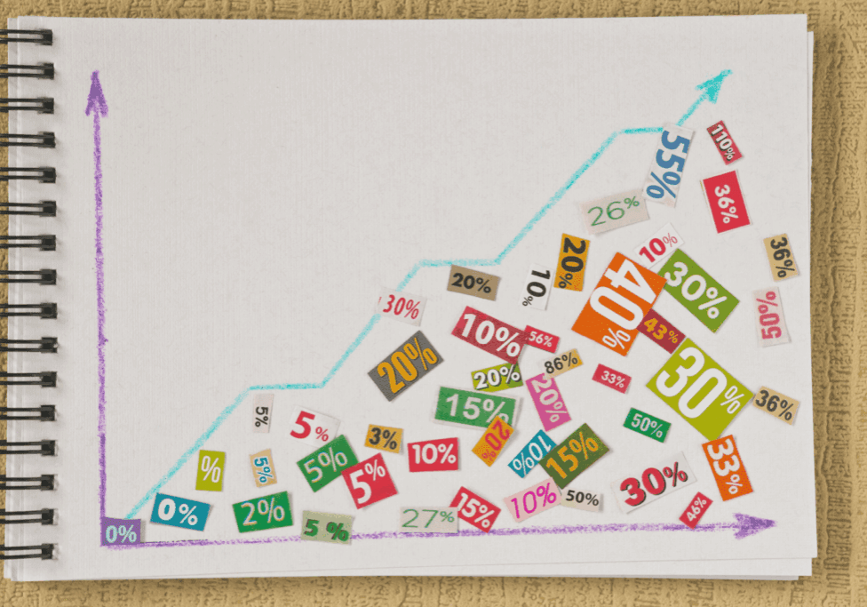 Hand drawn graph with colorful percentage labels showing upward growth