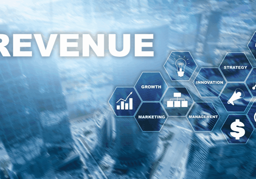 Revenue concept with business icons over cityscape