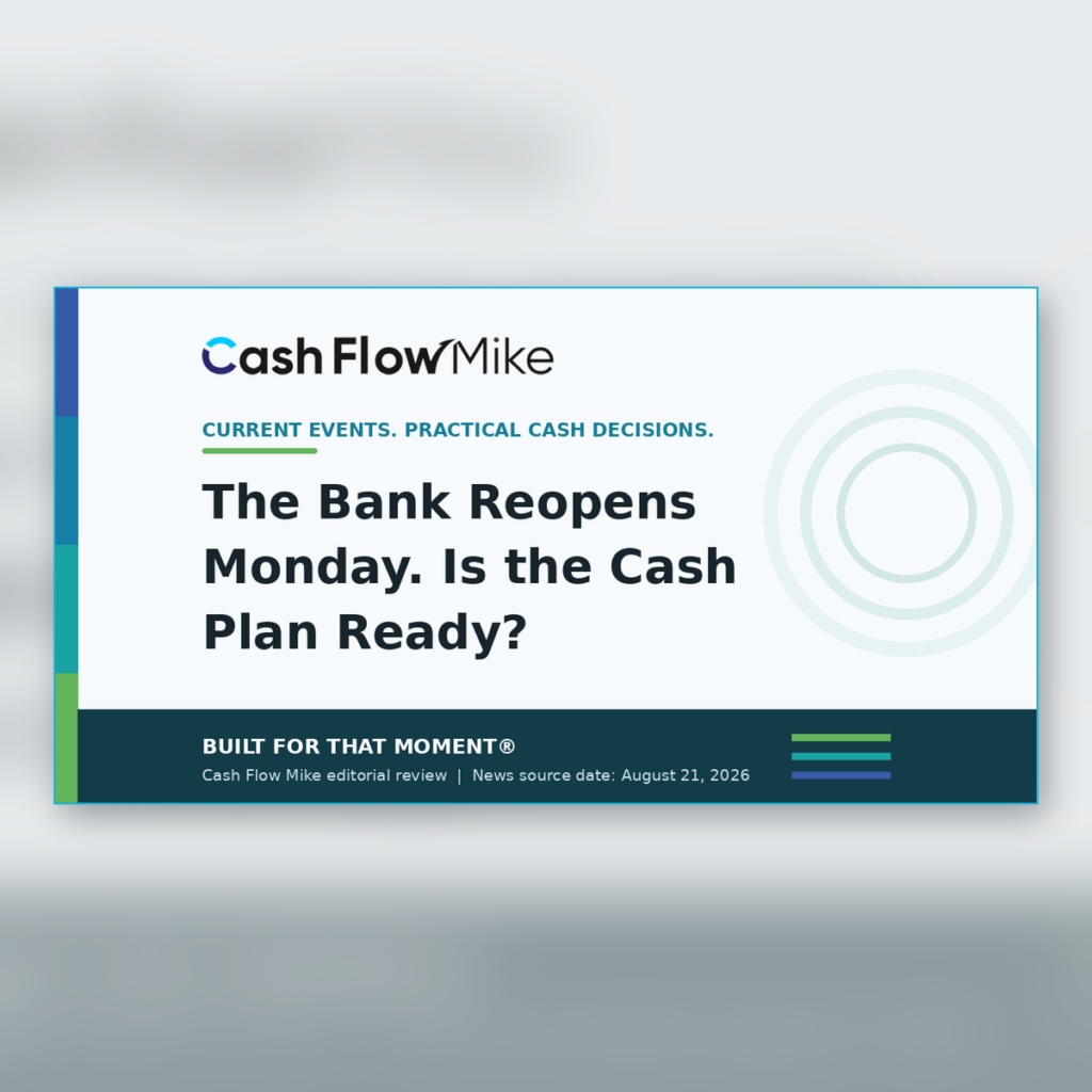 Cash Flow Mike archive card for The Bank Reopens Monday. Is the Cash Plan Ready?