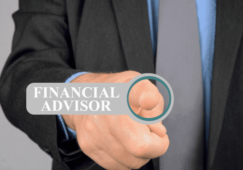 A person in a suit points toward the words “Financial Advisor”
