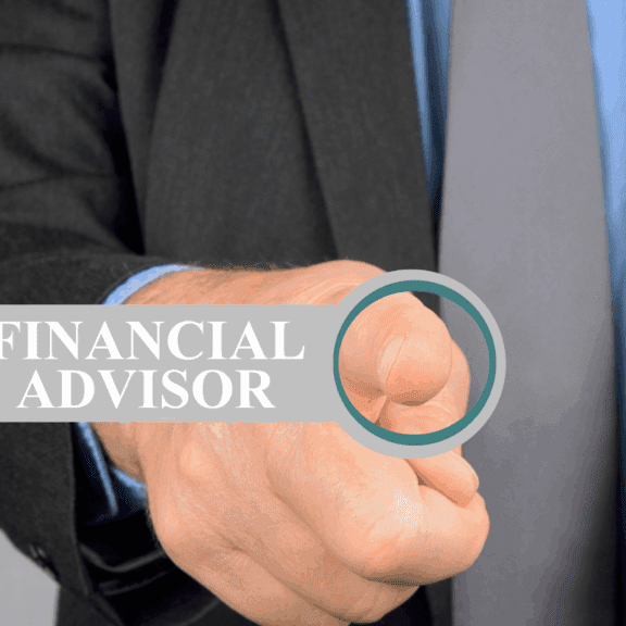 A person in a suit points toward the words “Financial Advisor”