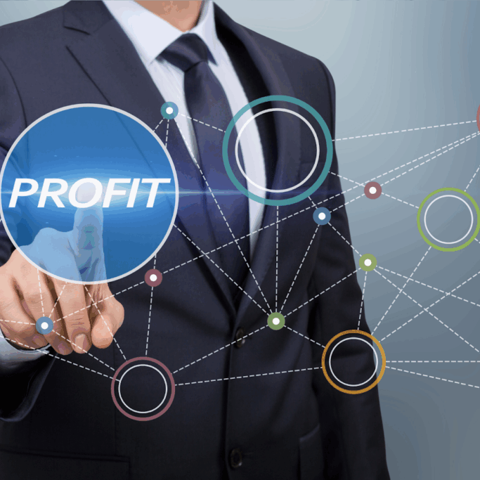 A businessman in a suit touches a digital screen with the word “PROFIT”, surrounded by connected circular nodes